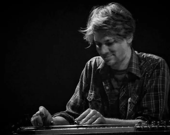 Brett Lanier at the pedal steel, in black and white