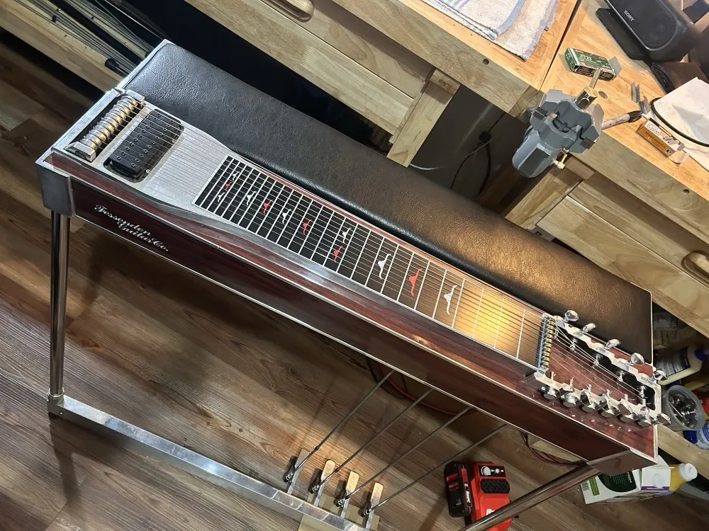 A Fessenden single-neck pedal steel in the workshop