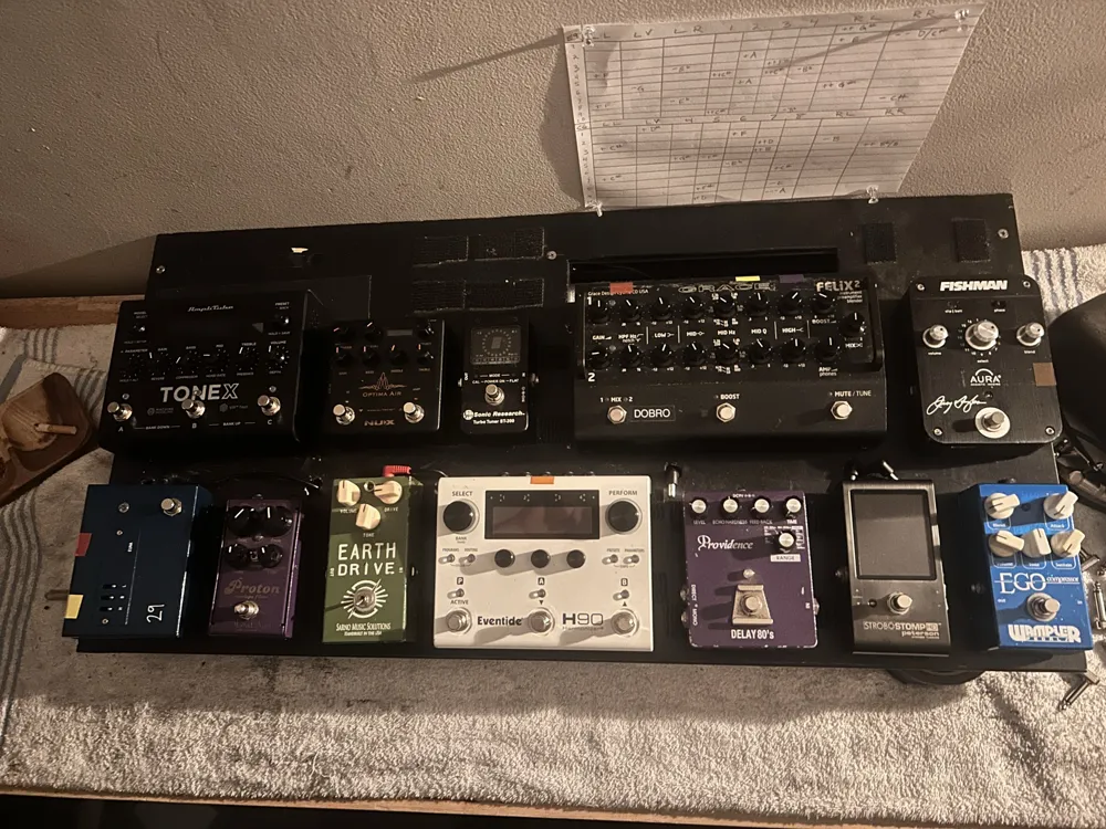 A pedalboard on the bench: amp modelers, drives, delays and an Eventide H90